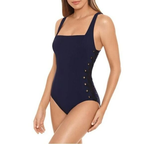 NWT Amoressa by Miraclesuit Bondi Moonraker Lace up Sides One-Piece Swimsuit - Picture 1 of 10
